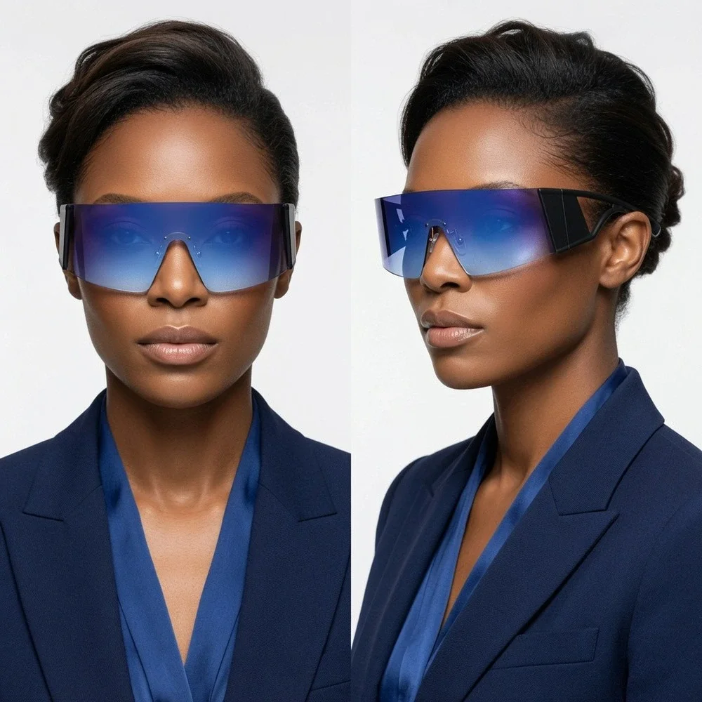 Women Sunglasses Oversized One Piece Blue Lens Fashion Designer Wrap Around 2026